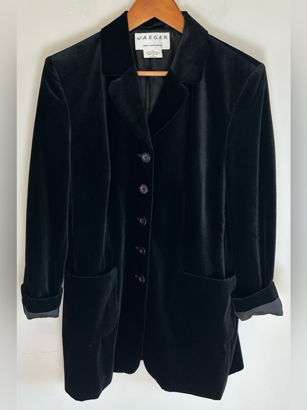 Vintage Jaeger Black Velvet Long Line Blazer Coat Women's Sz 16 Luxury Cotton